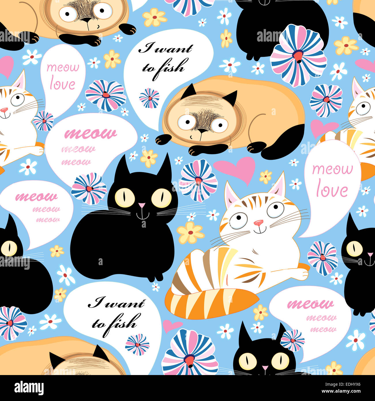 seamless pattern of funny cats on a floral background Stock Photo - Alamy