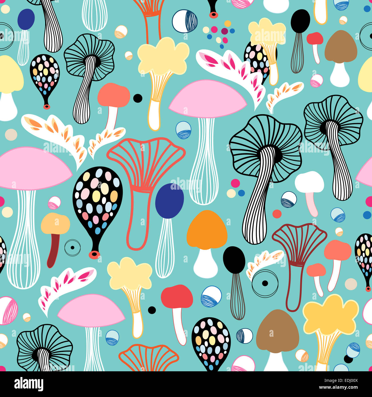 seamless pattern of colorful mushrooms on a green background Stock ...