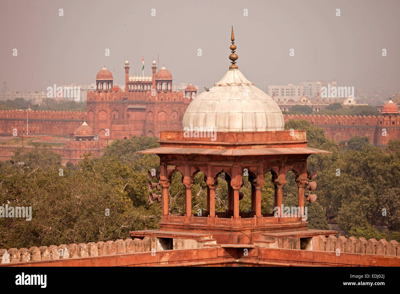 Dome of the Friday Mosque Jama Masjid with the Red Fort, Delhi, India Stock Photo