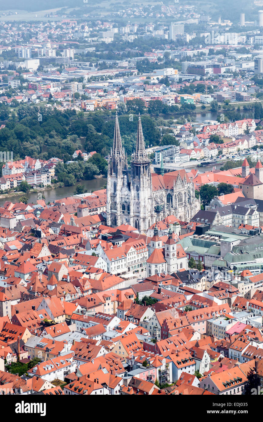 Aerial view, old town with the Regensburg Cathedral, Regensburg, Upper Palatinate, Bavaria, Germany Stock Photo