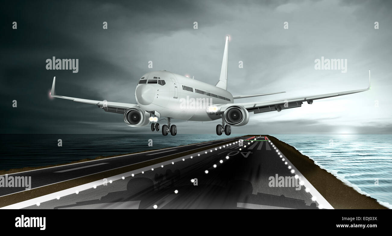 Passenger plane landing at an airport at dusk, illustration Stock Photo