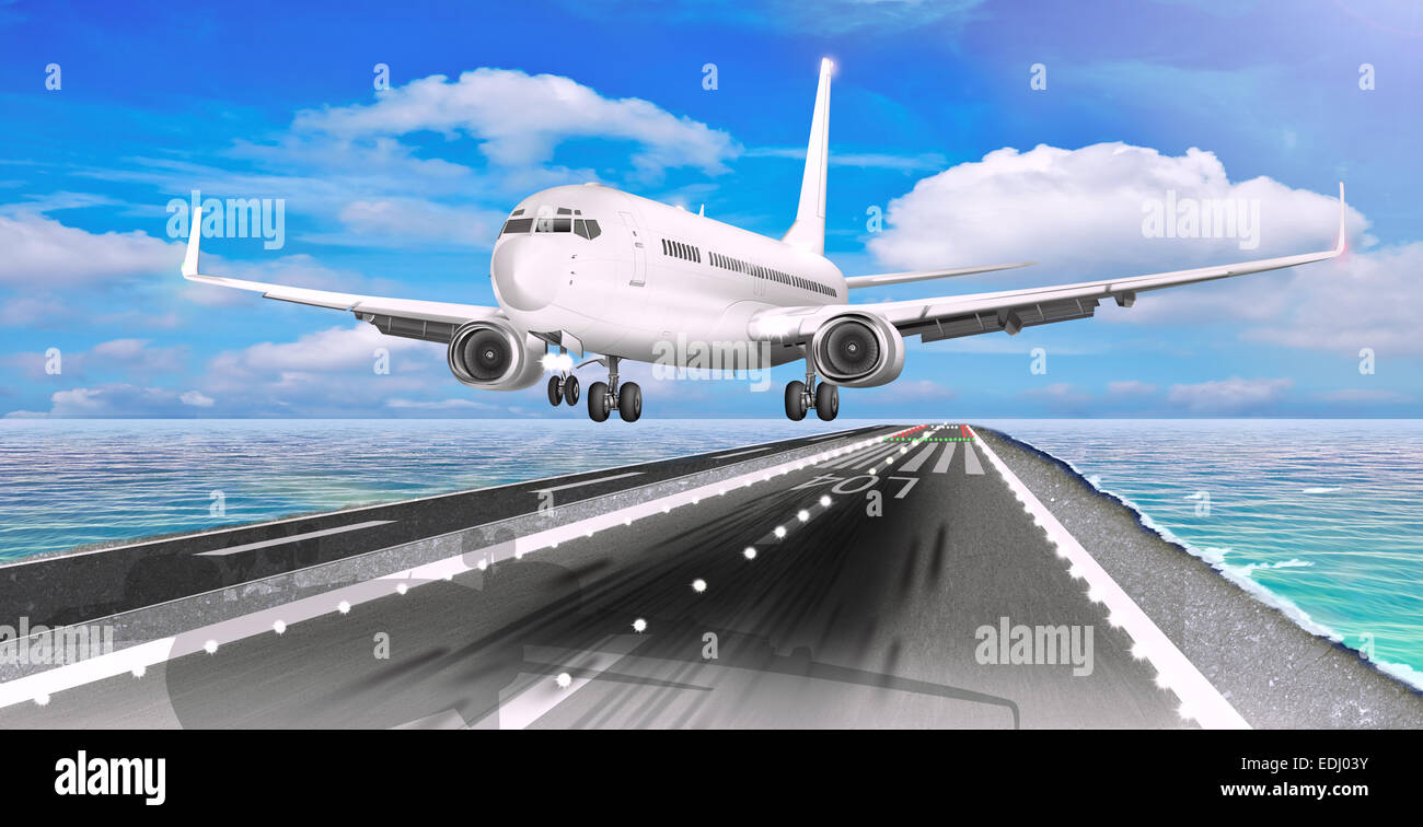 Passenger plane landing at an airport island, illustration Stock Photo