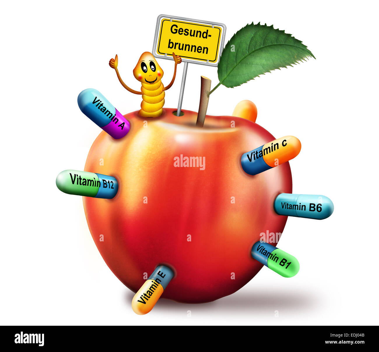 Apple with a maggot and vitamin capsules, village sign 'Gesundbrunnen', German for 'source of health', illustration Stock Photo