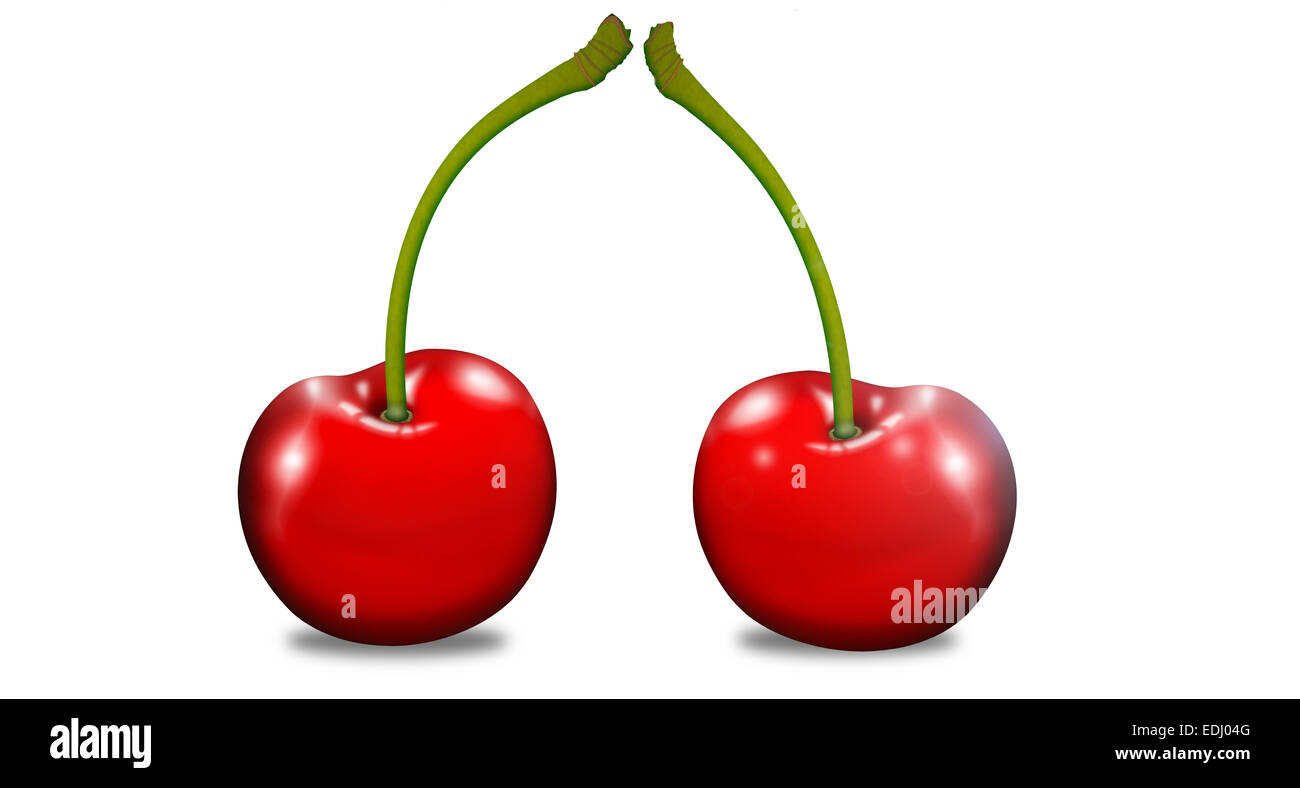 Two cherries with stems, illustration Stock Photo Alamy