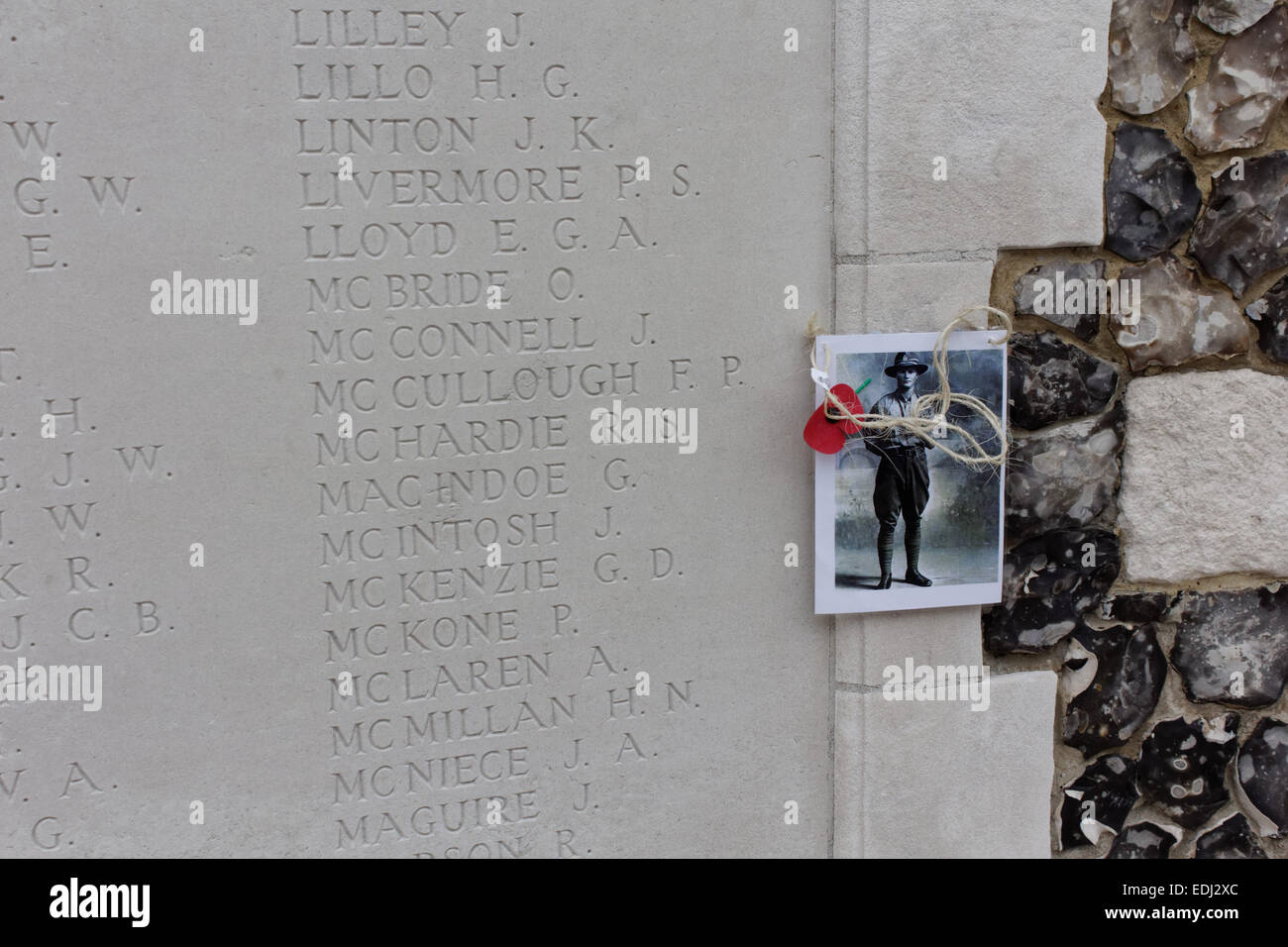 Picture of a killed soldier of the great war at Tyne Cot Cemetary in Zonnebeke, Belgien. Stock Photo