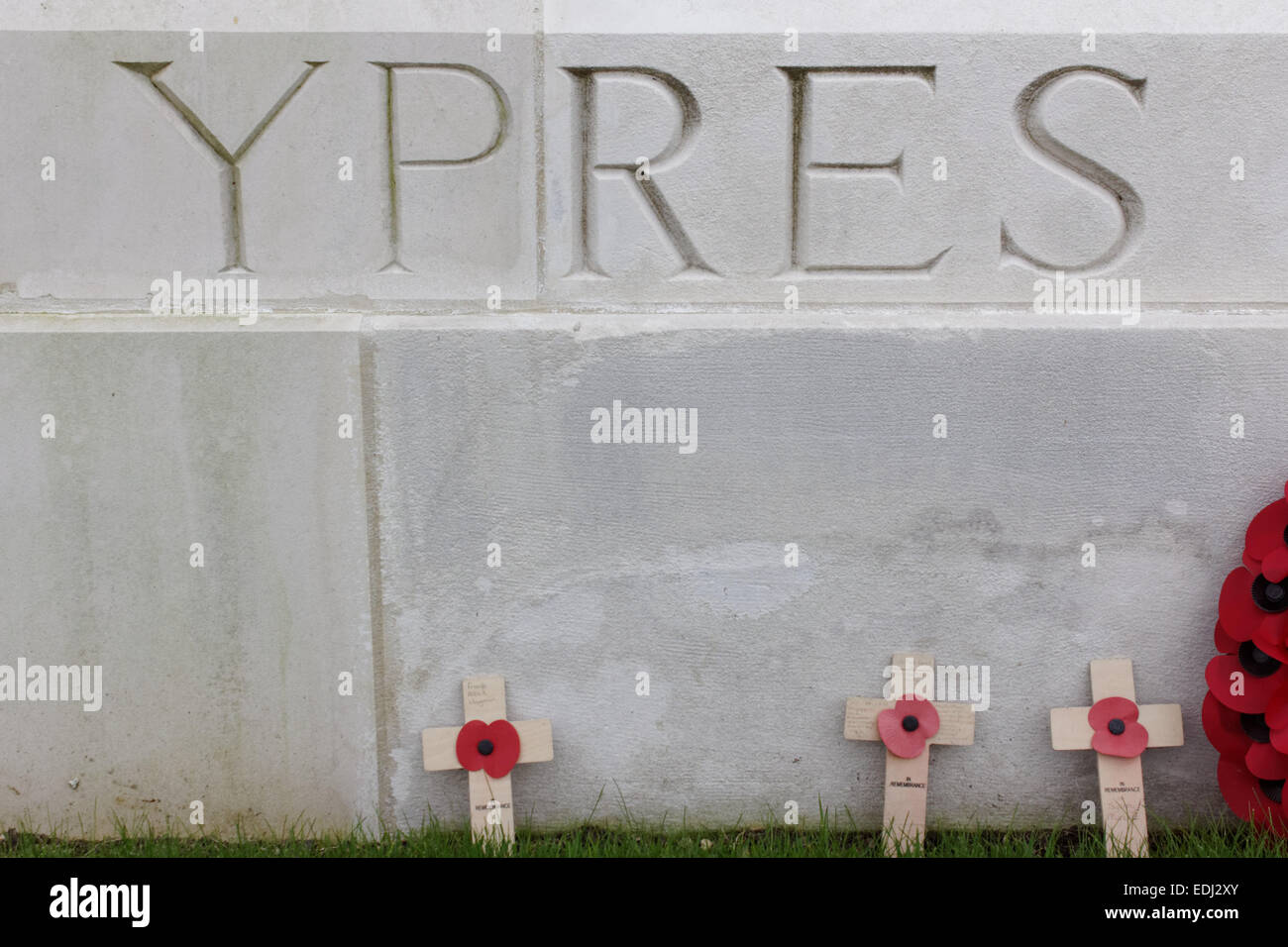 Ypres on a memorial of the great war at Tyne Cot Cemetary in Zonnebeke, Belgien. Stock Photo
