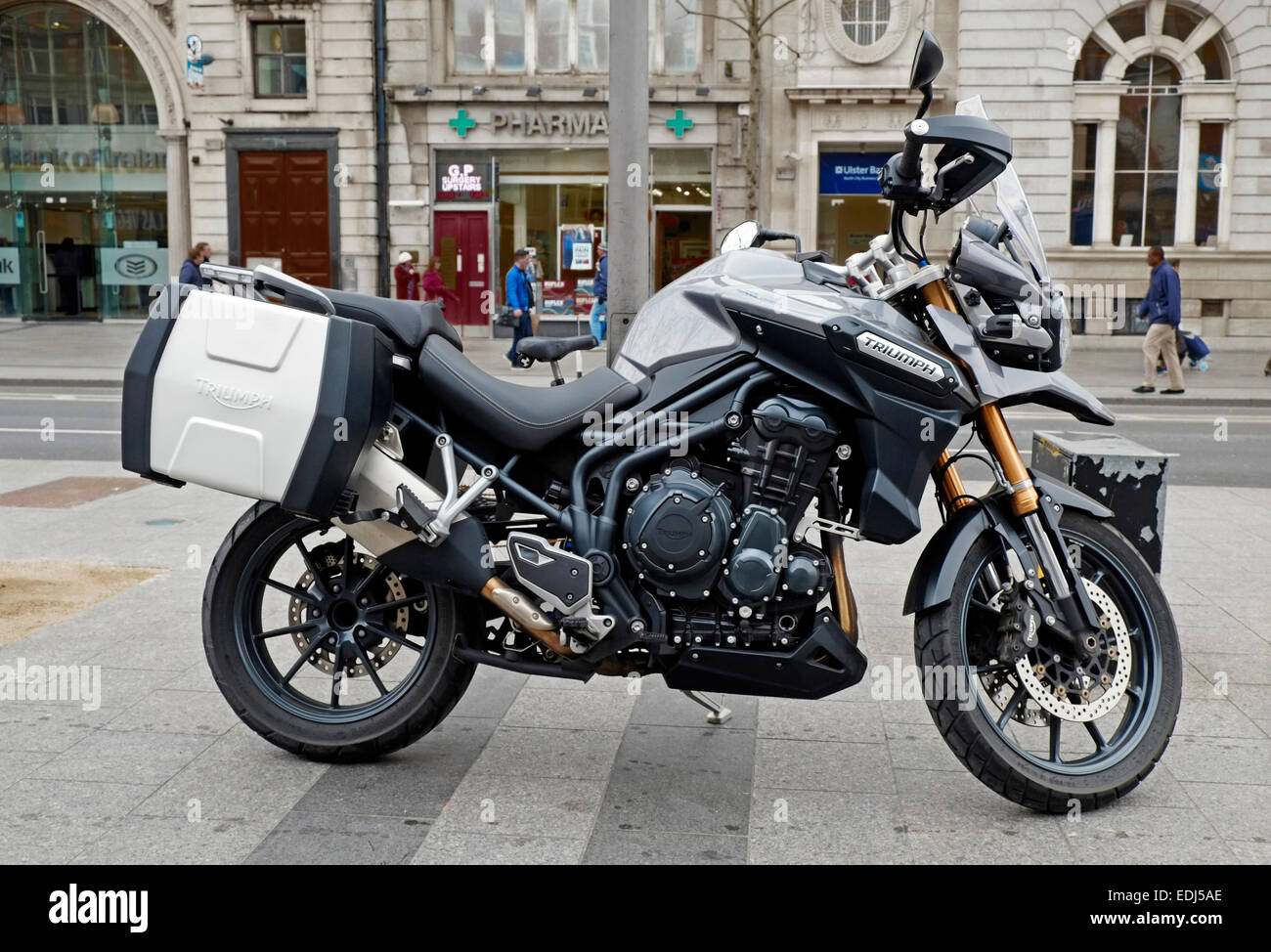 Three cylinder 1200cc Triumph Explorer Motorcycle in O'Connell Street Dublin, Ireland Stock Photo