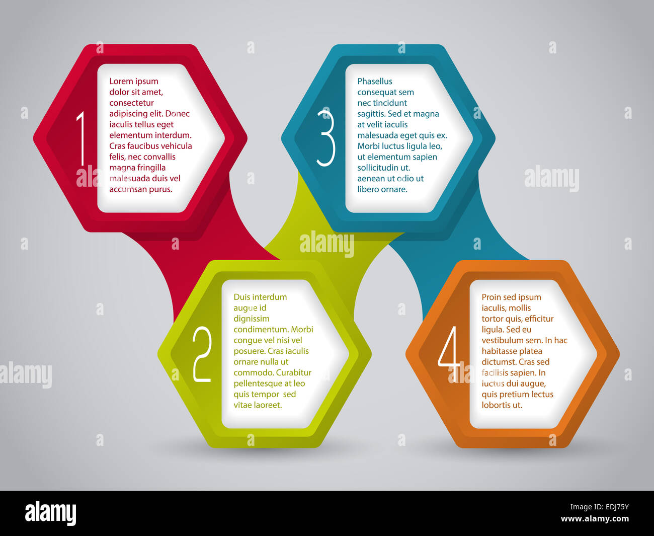 Abstract infographic design with connected hexagons containing text ...