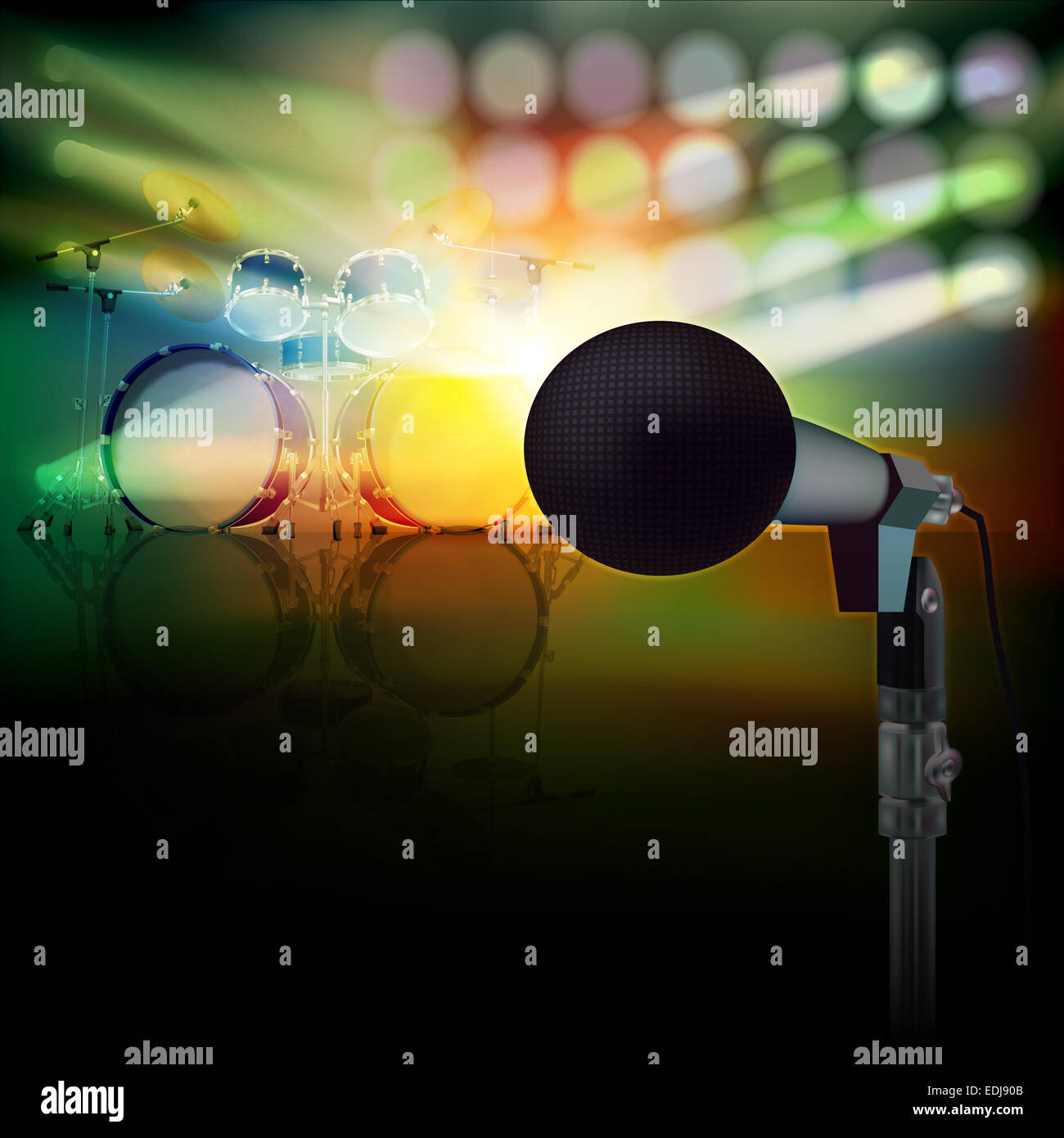 abstract background with drum kit and microphone on music stage Stock Photo