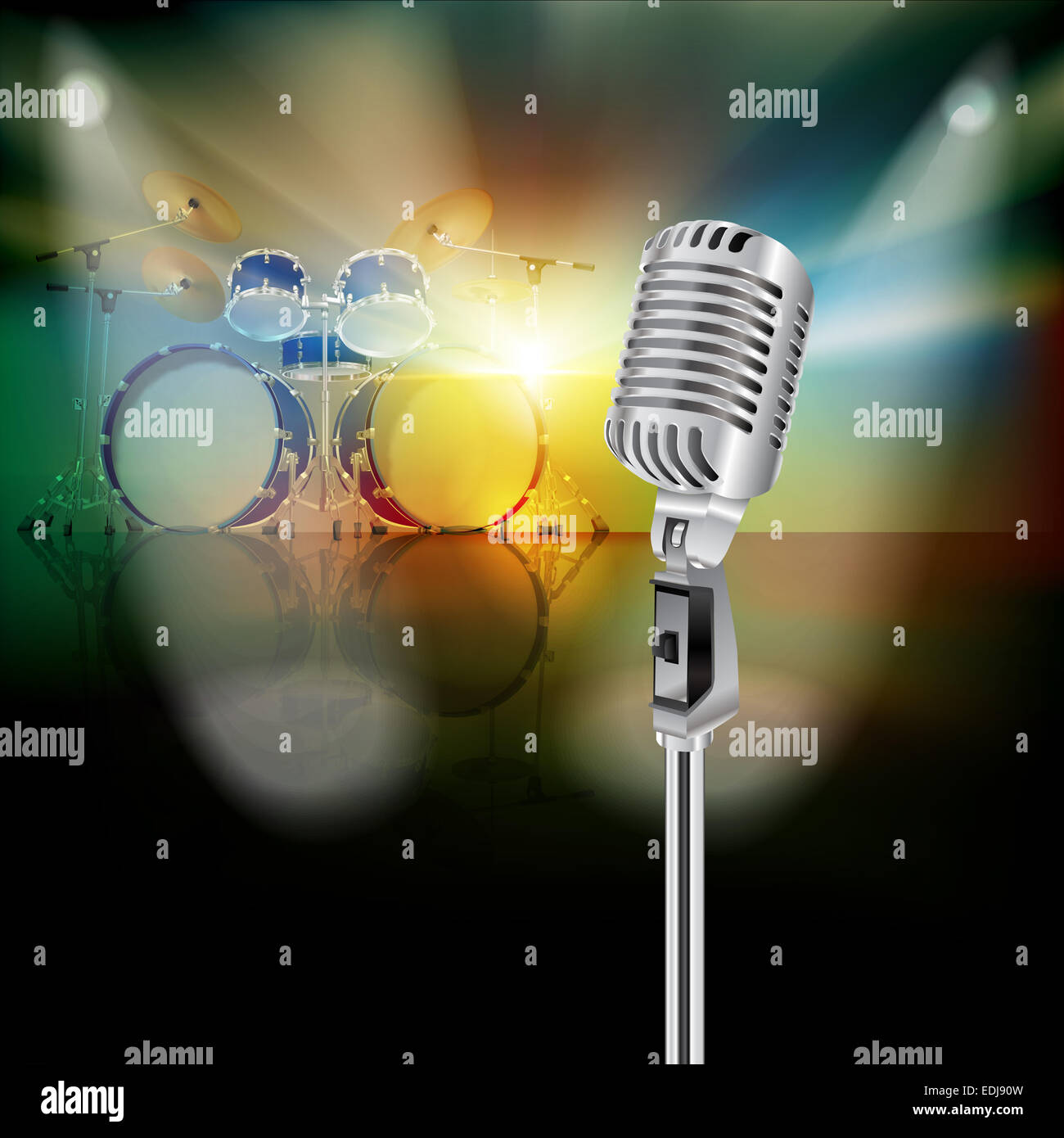 abstract background with drum kit and retro microphone on music stage Stock Photo