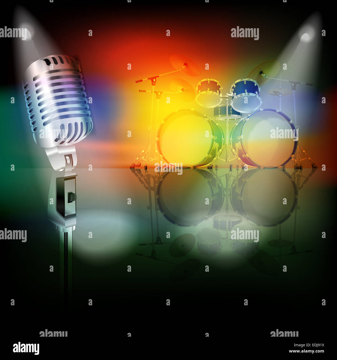 abstract background with retro microphone and drum kit on music stage Stock Photo