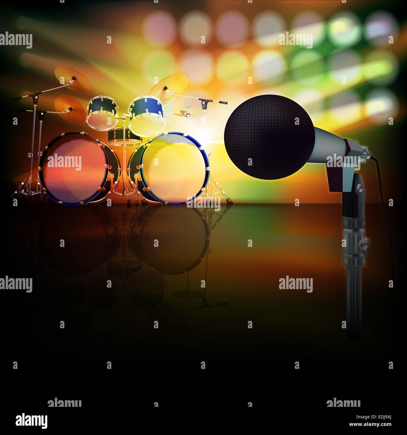 abstract jazz background with drum kit and microphone on music stage Stock Photo