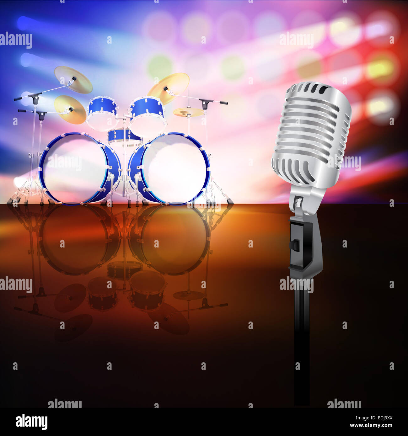 abstract jazz background with drum kit and retro microphone on music stage Stock Photo