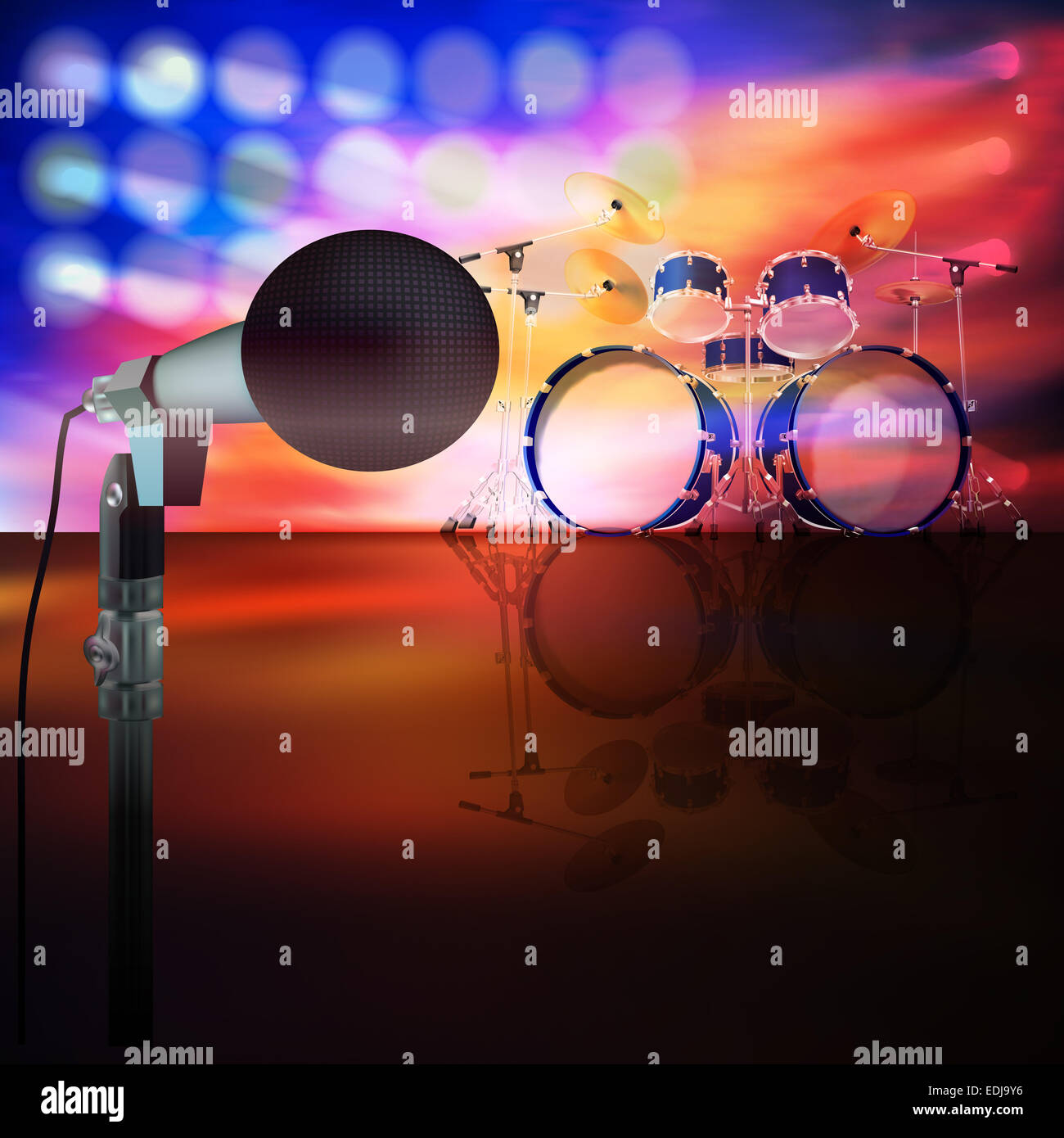 abstract music background with drum kit and microphone on stage Stock Photo