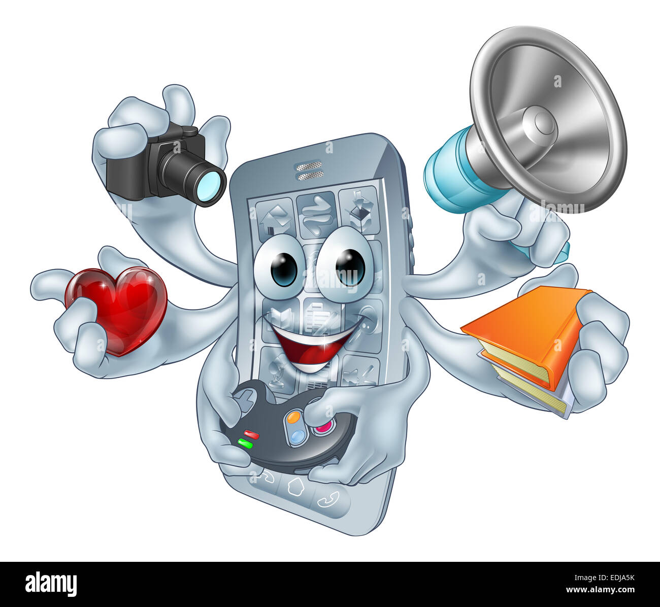 Multitasking phone concept of a cartoon mobile cell phone character performing lots of tasks or running lots of apps Stock Photo