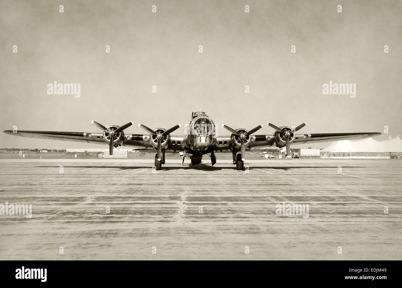 World War II era heavy bomber B-17 Flying Fortress  front view stained old photo Stock Photo