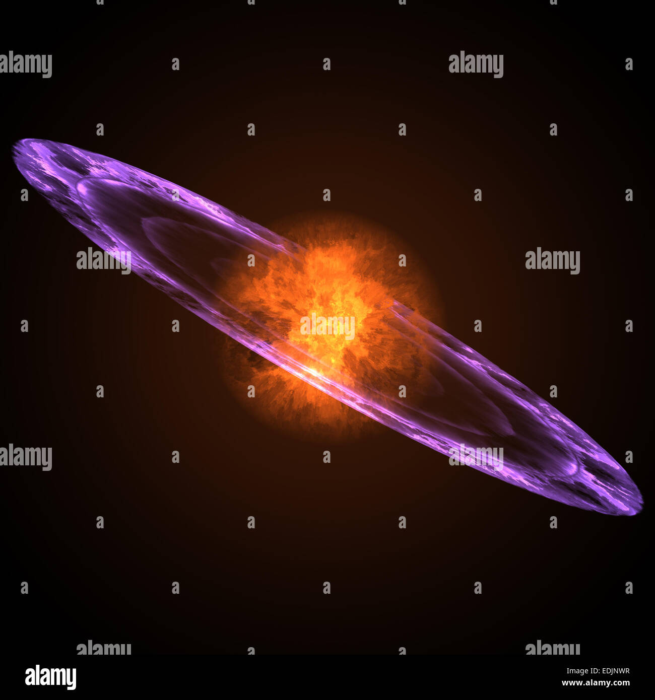 Distant planet explosion surrounded by purple ring Stock Photo