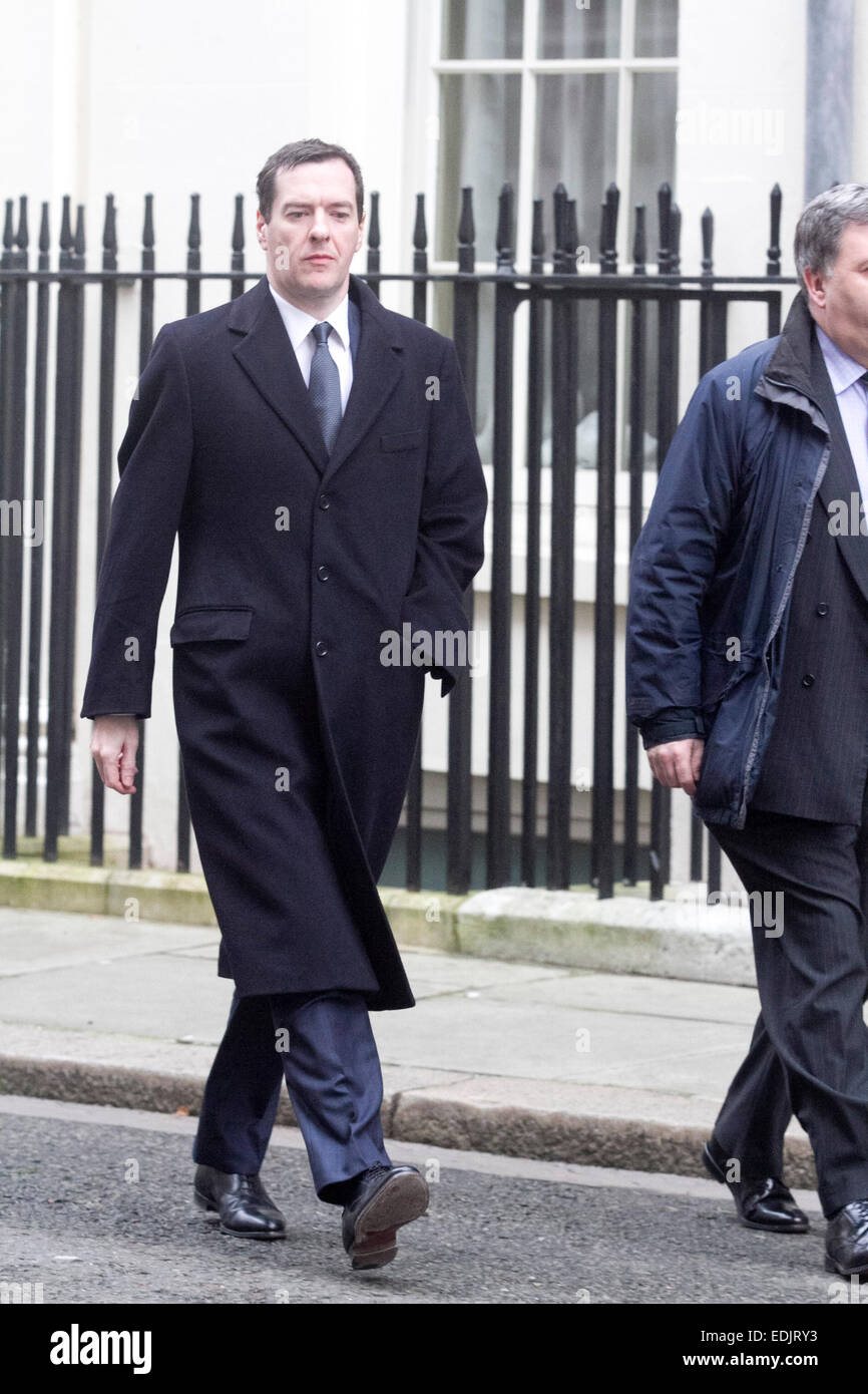 Westminster London,UK. 7th January 2015. Chancellor of the Exchequer George Osborne leaves Downing Street for the weekly PMQ at the Houses of Commons in Parliament Credit:  amer ghazzal/Alamy Live News Stock Photo