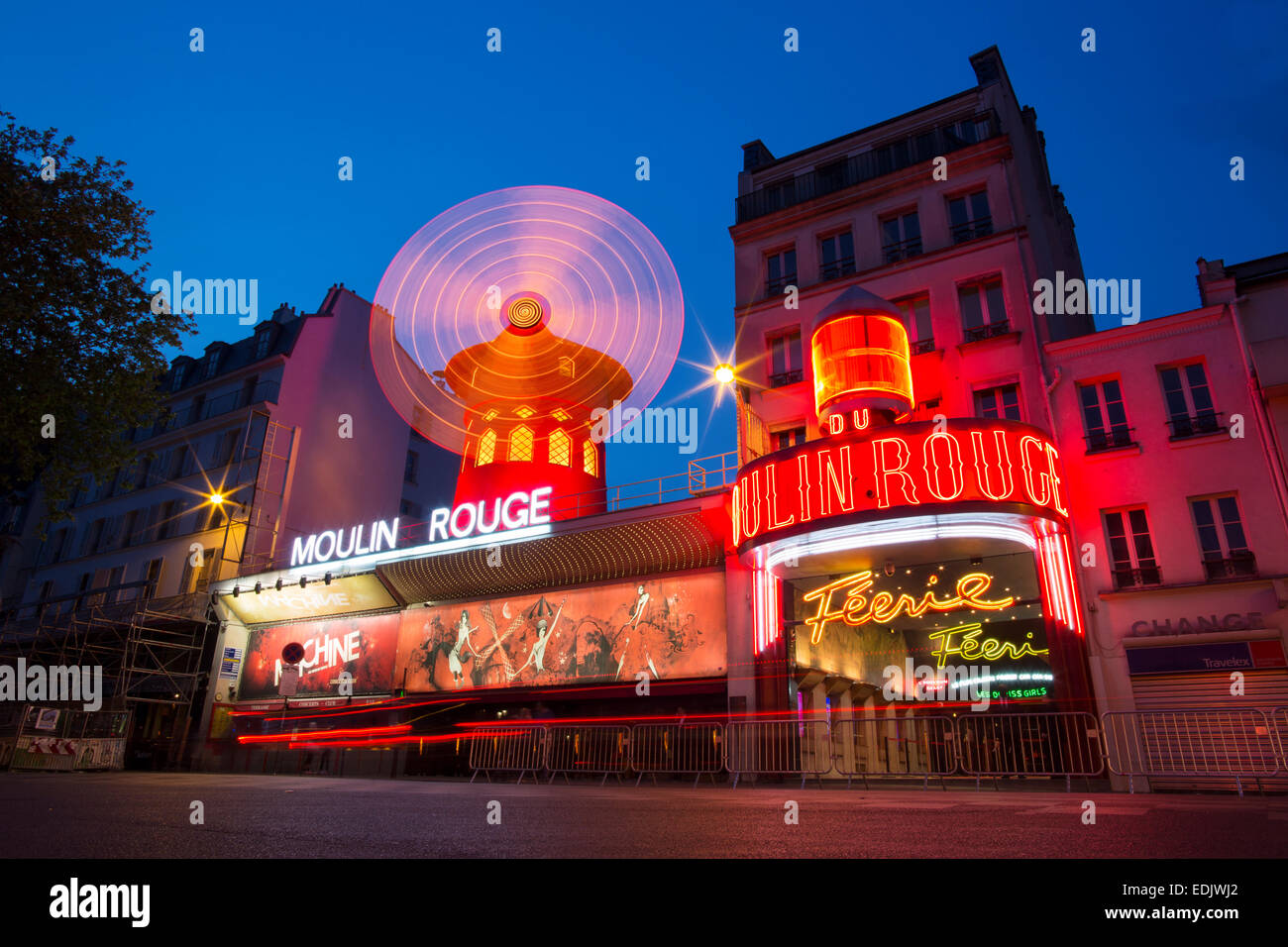 Moulin Rouge cabaret facade with neon lights Stock Photo