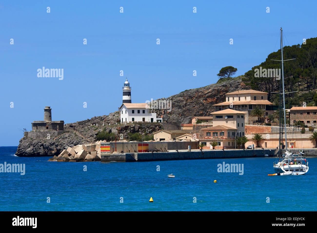 Soller, Lighthouse, Marina, Harbour, Mallorca, Majorca, Balearic Islands, Mediterranean Sea, Spain, Europe Stock Photo