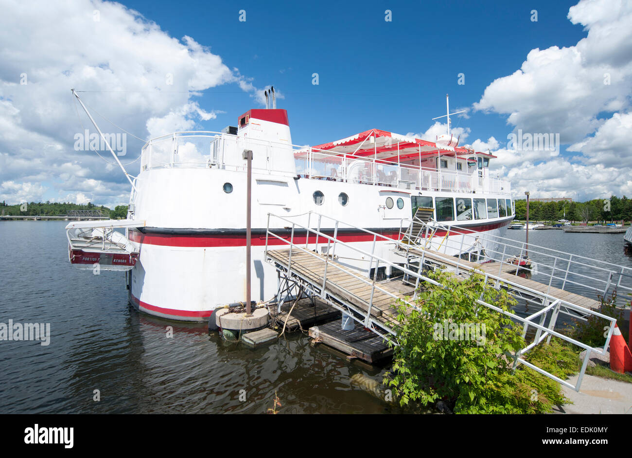 Tour boat docked in the Lake of the Woods, Kenora, Ontario, Canada Stock Photo
