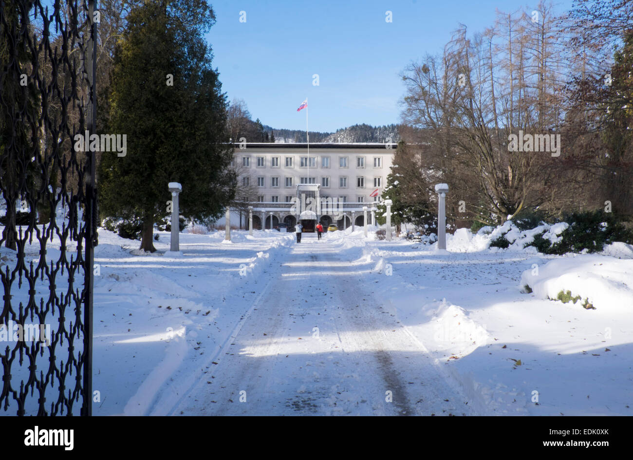 Hotel Vila Bled from the driveway covered in snow Bled, Slovenia Stock Photo