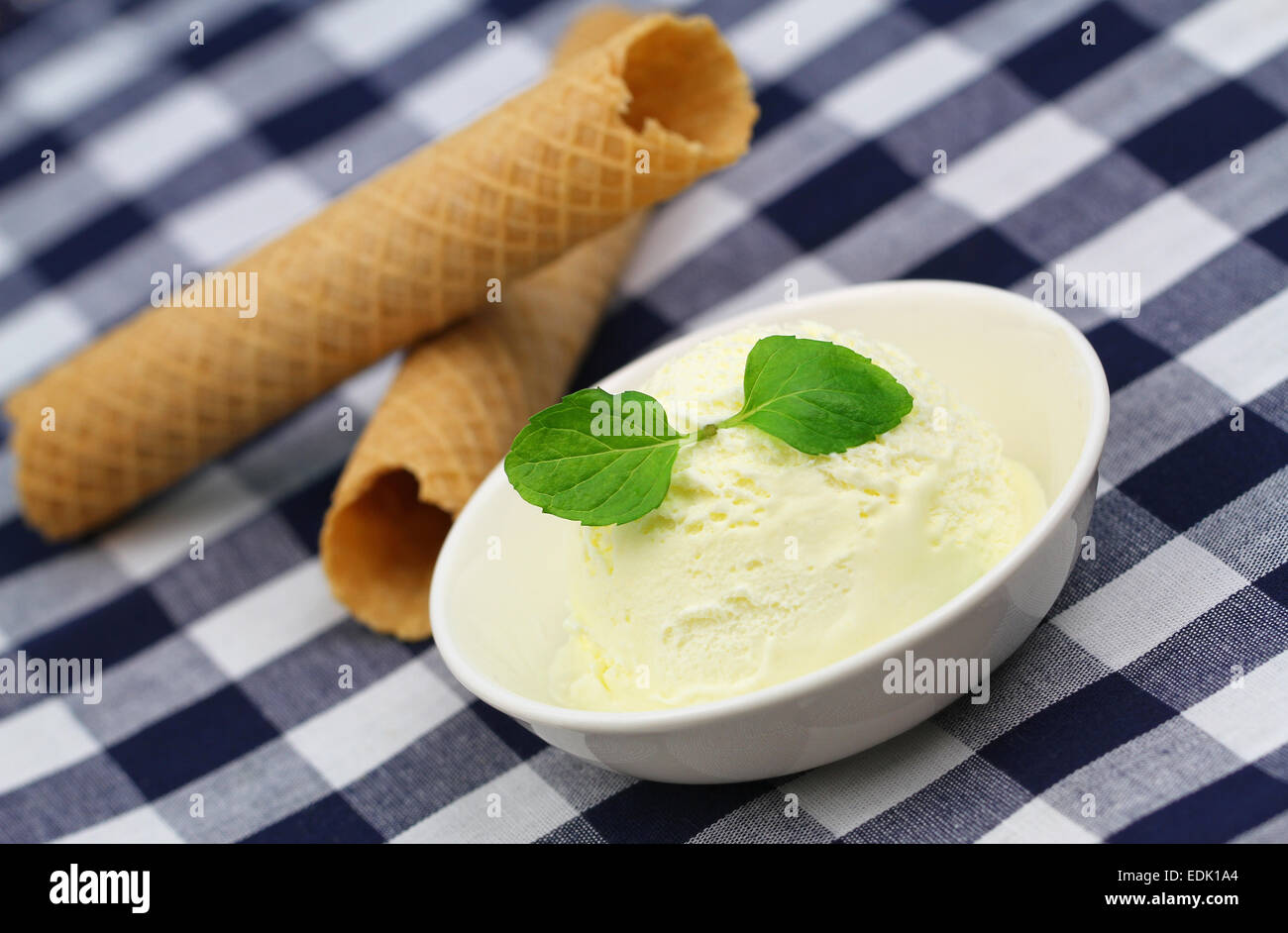 Vanilla ice cream garnished with organic mint and wafer on checkered cloth Stock Photo