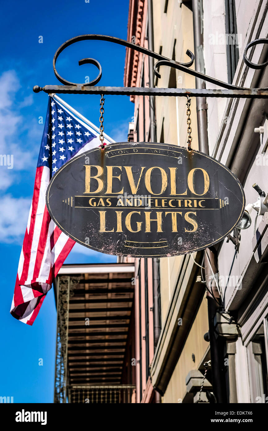 Overhead sign advertising a Gas and Electric Light store in New Orleans LA Stock Photo