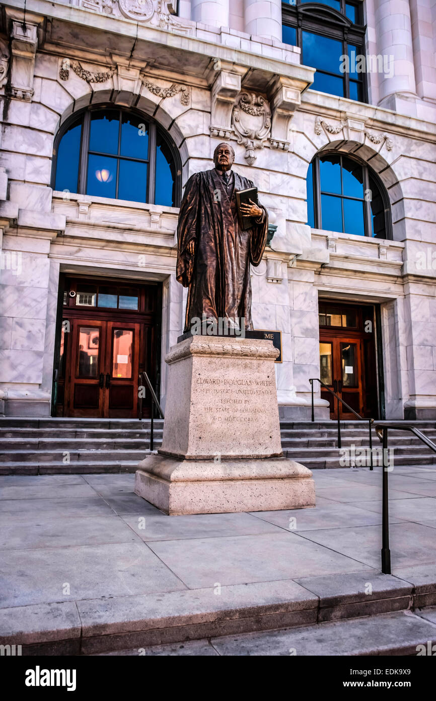 Panoramic image of Louisiana Supreme Court building with statue of