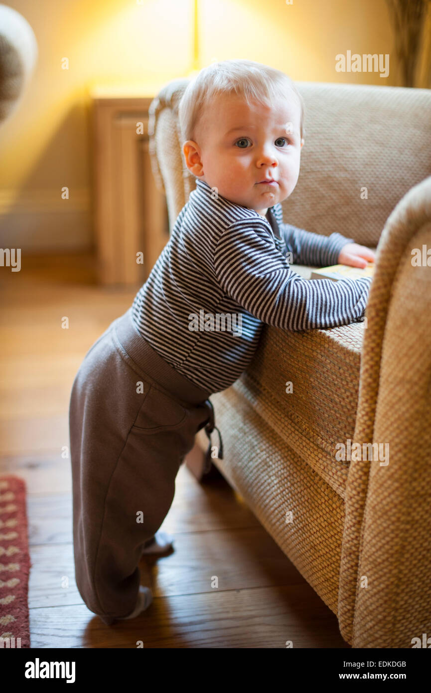 A nine month old baby leaning against a sofa Stock Photo Alamy