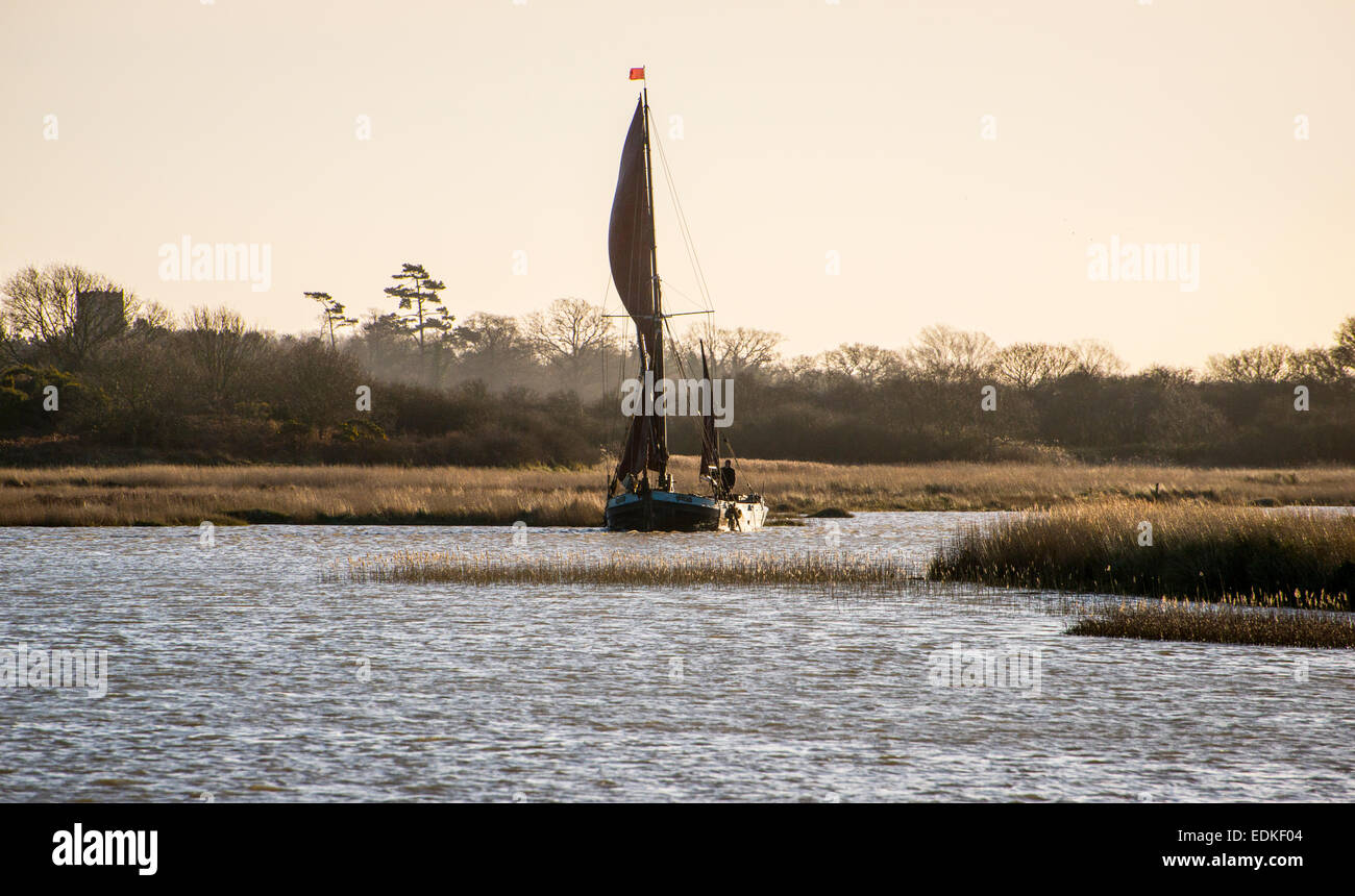 Working sailing boat on River Alde, Suffolk. Stock Photo