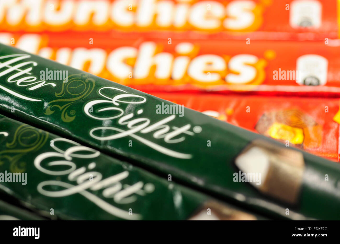 close up of after eight and munchies chocolate bars Stock Photo