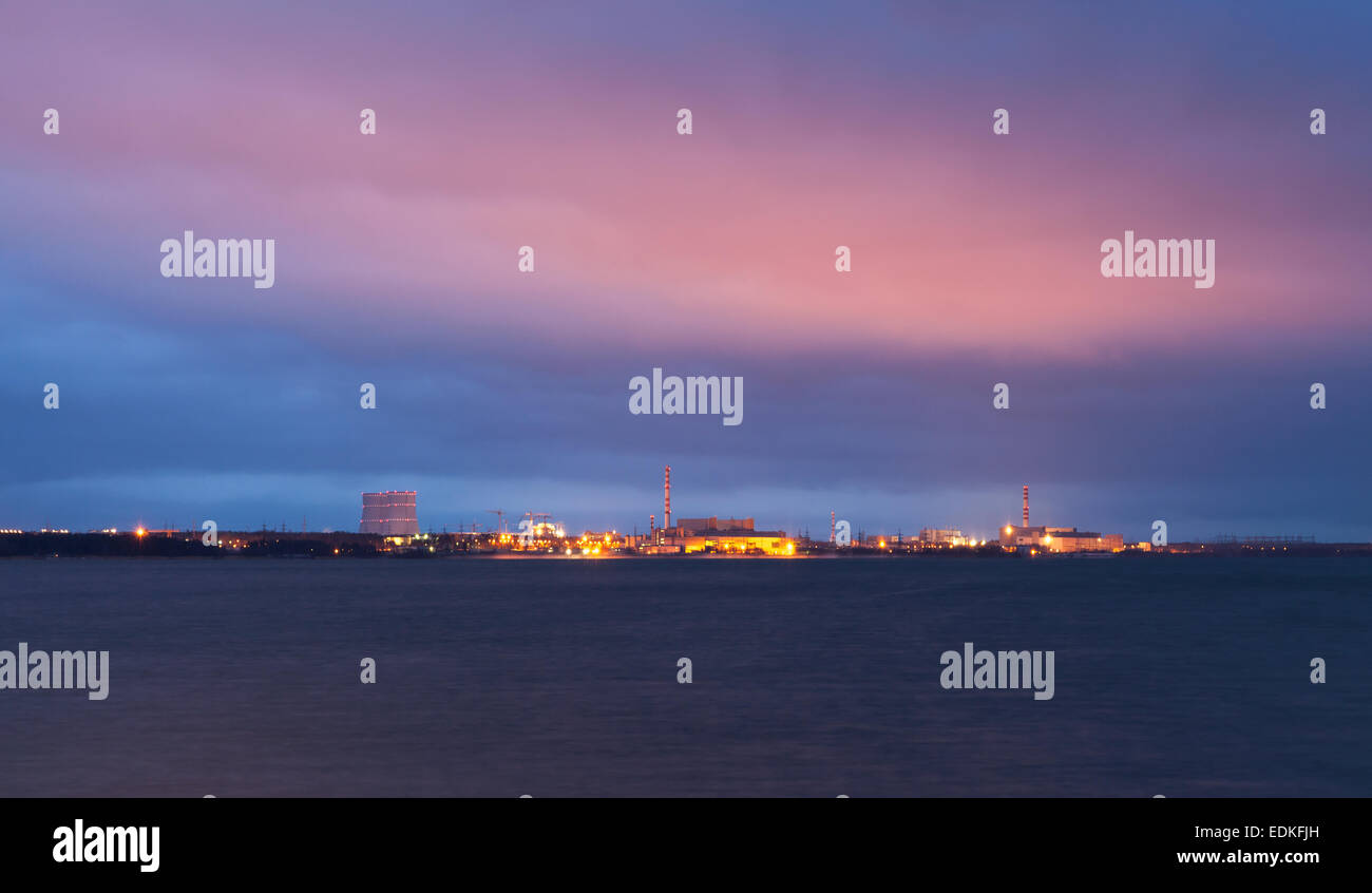Night view of Leningrad Nuclear Plant on the coast of Baltic Sea Stock Photo