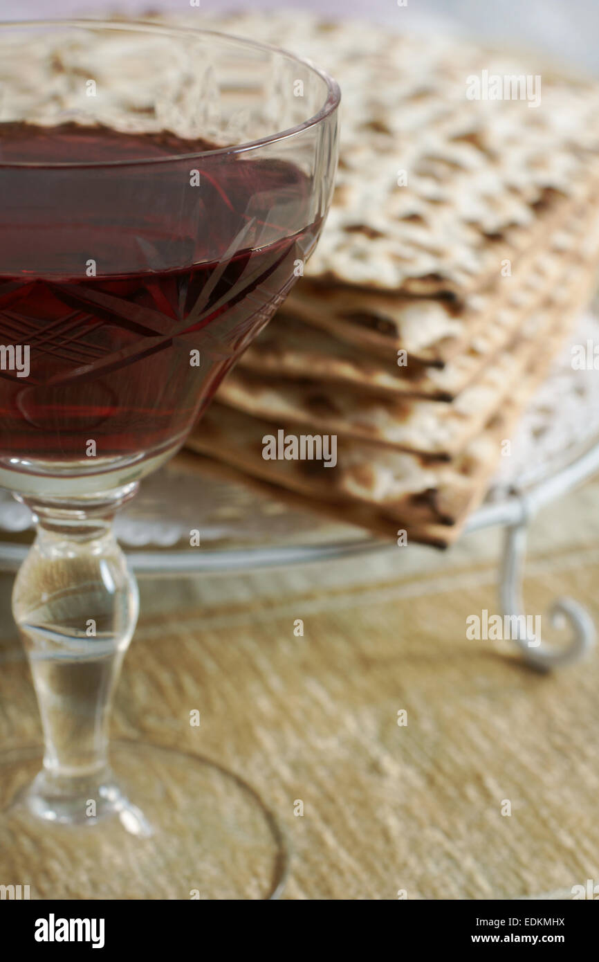 Wine and matzo crackers a traditional part of the Passover seder Stock Photo