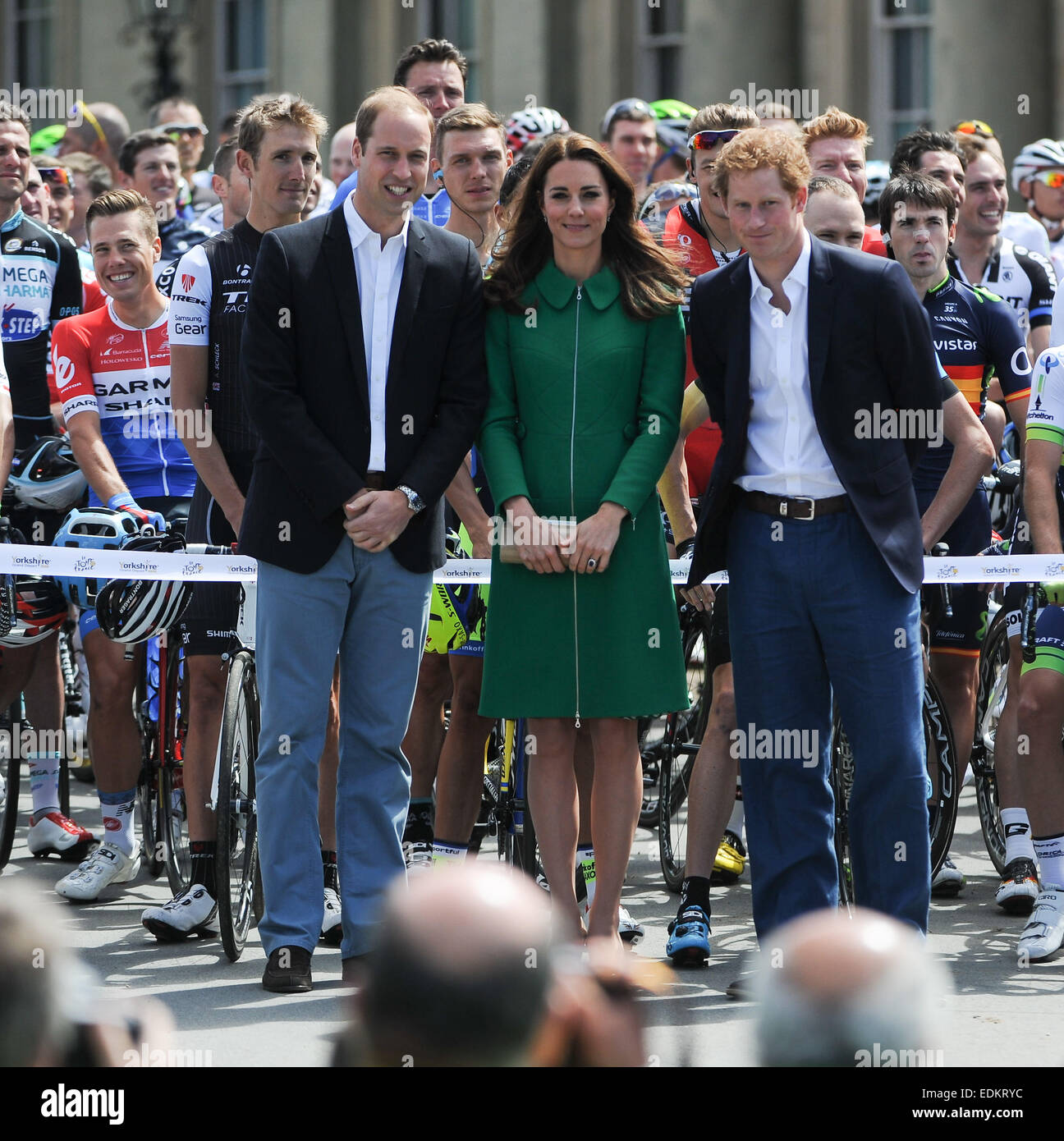 British Royals attend the ceremonial start of the Tour de France, held at Harewood House, Yorkshire. It is only the second time The Tour has visited the UK. The Duchess cut the ribbon to officially start the The Tour.  Featuring: Kate Middleton,Catherine Stock Photo