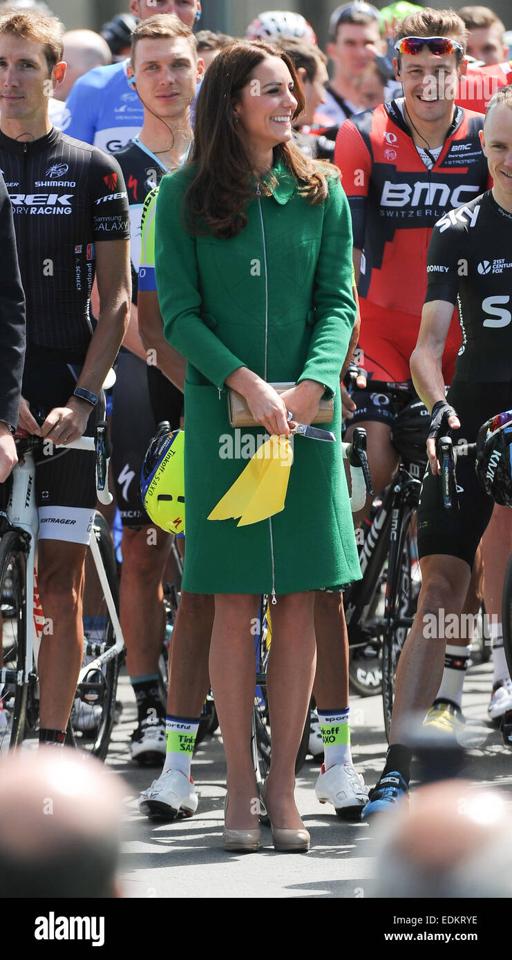 British Royals attend the ceremonial start of the Tour de France, held at Harewood House, Yorkshire. It is only the second time The Tour has visited the UK. The Duchess cut the ribbon to officially start the The Tour.  Featuring: Kate Middleton,Catherine Stock Photo