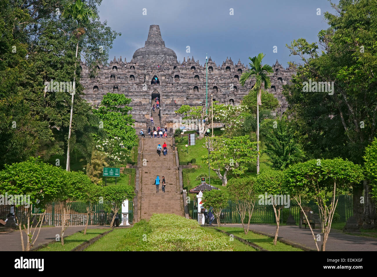 Tourists visiting Borobudur / Barabudur, 9th-century Mahayana Buddhist Temple in Magelang, Central Java, Indonesia Stock Photo
