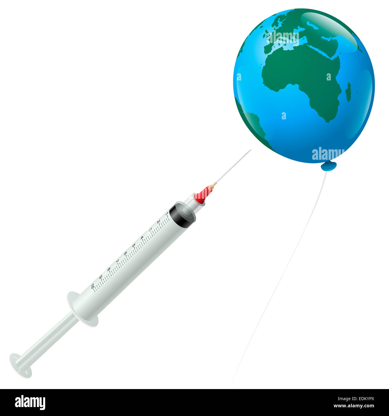A syringe tries to stitch a planet earth balloon with africa in foreground. Stock Photo
