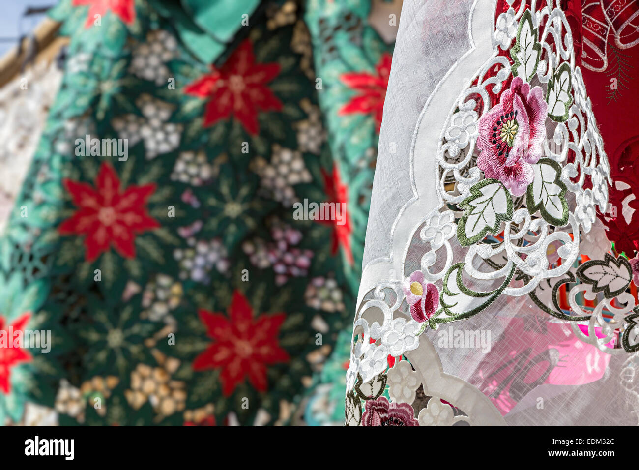 Embridered lace on sale in market, Teguise, Lanzarote, Canary Islands, Spain Stock Photo