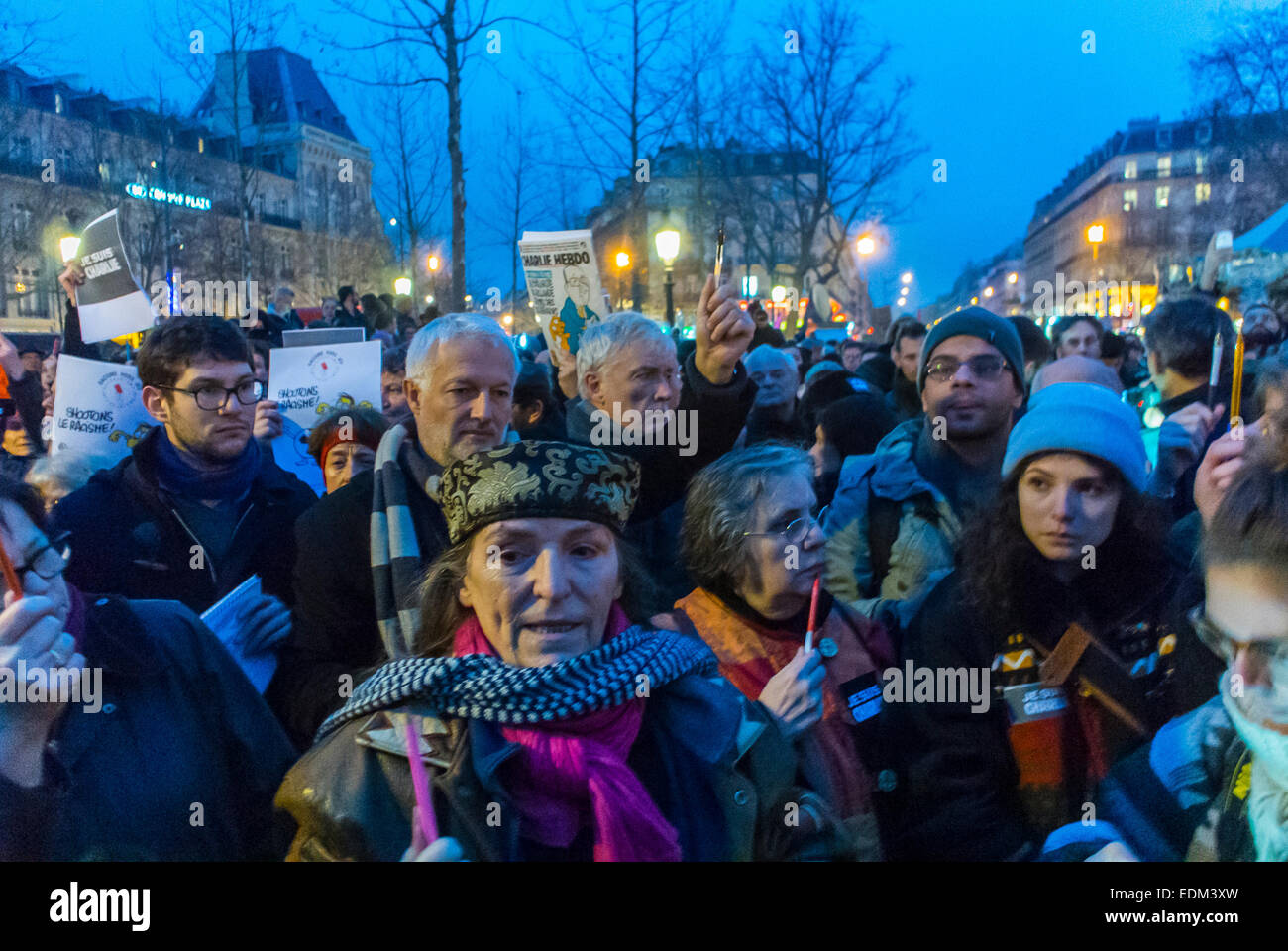 Paris, France, Demonstration Against Terrorism, After Shooting Attack on French Newspaper, Charlie Hebdo, women rally, Night, crowd scene Stock Photo