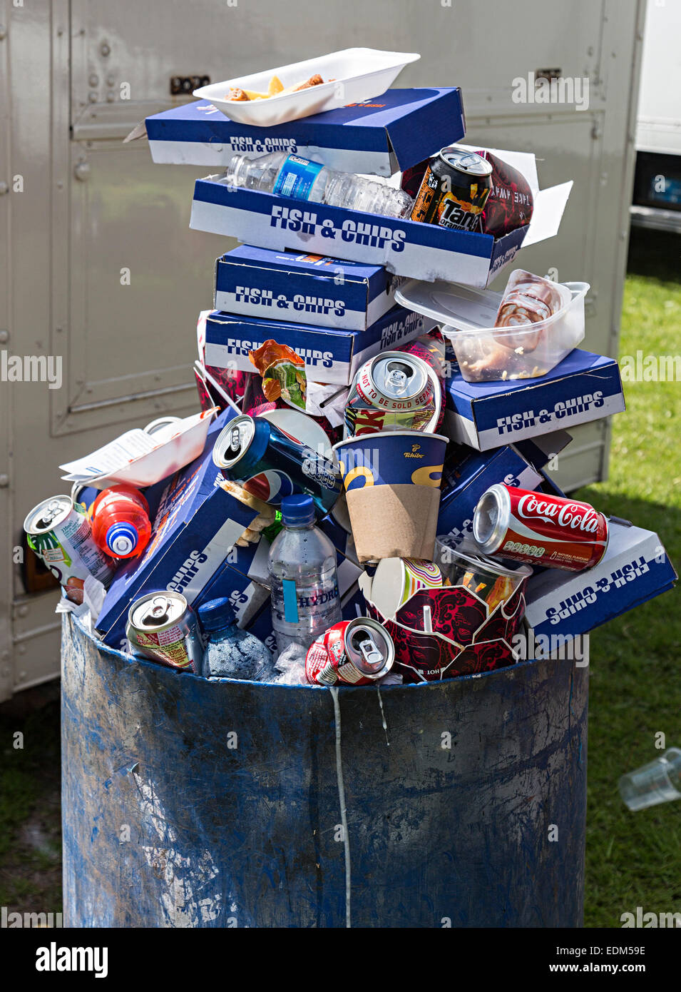Waste bin filled with fast food packaging at Steam Rally, Abergavenny, Wales, UK Stock Photo