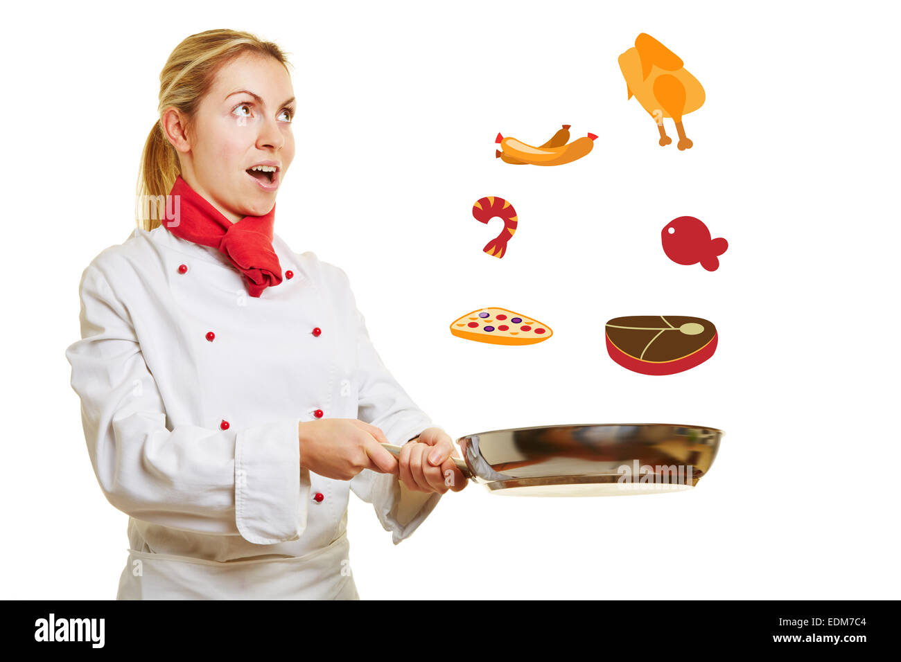 Surprised female cook turning illustrated food in a frying pan Stock Photo