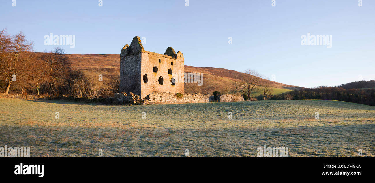 Newark tower in winter. Bowhill House estate, Selkirkshire. Scotland. Panoramic Stock Photo