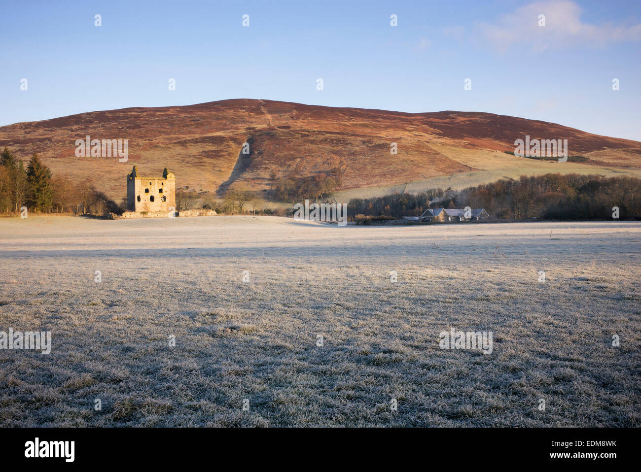 Newark tower in winter. Bowhill House estate, Selkirkshire. Scotland ...