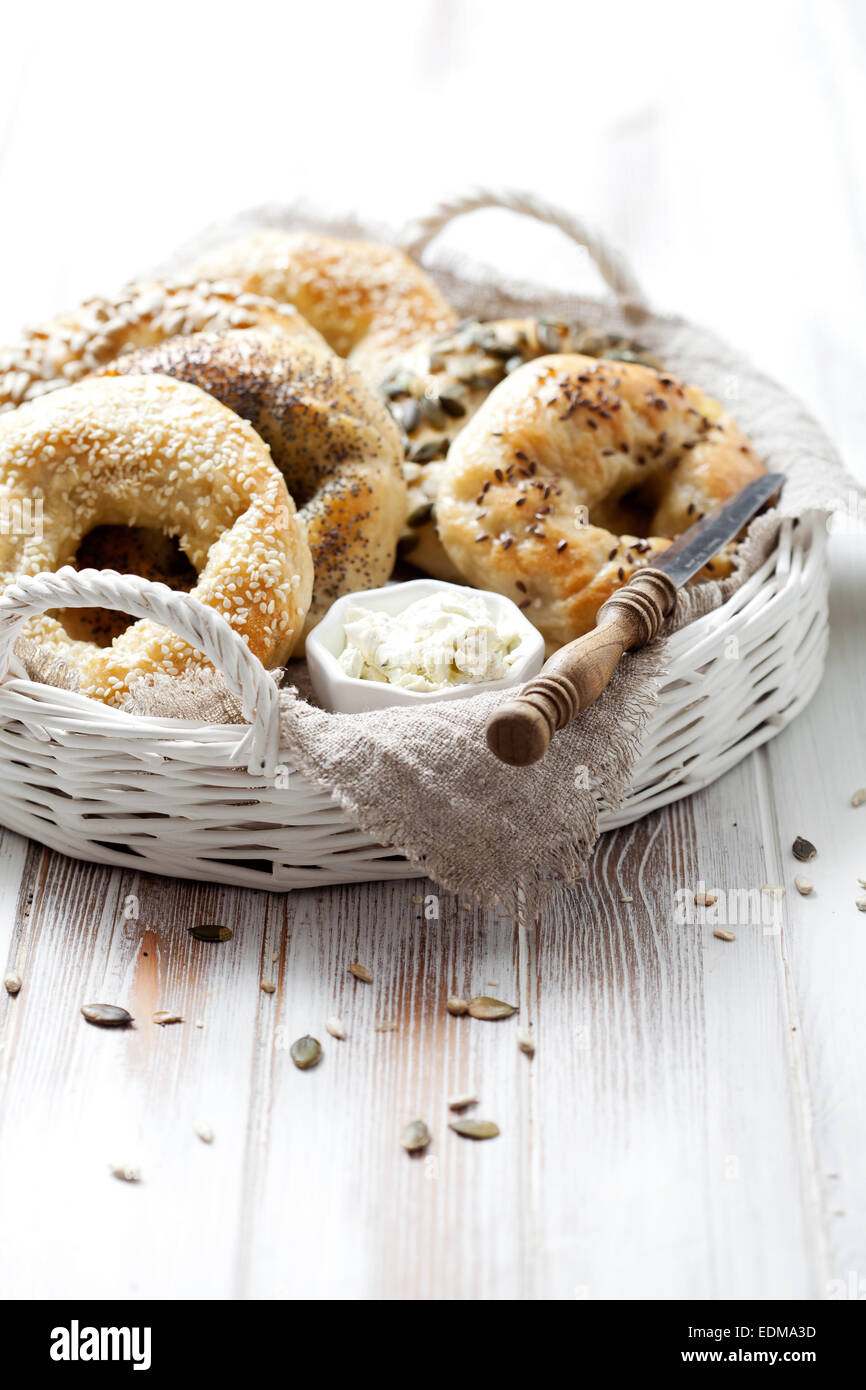 Homemade bagels with sesame, poppy, pumpkin and sunflower seeds Stock
