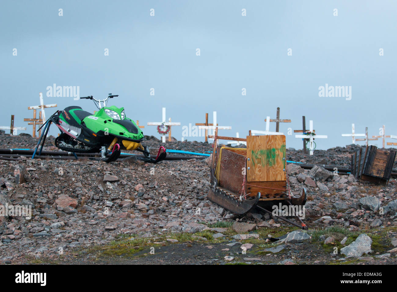 Old and new transportations in Ittoqqortoormiit, Scoresby Sund, East Greenland. Stock Photo