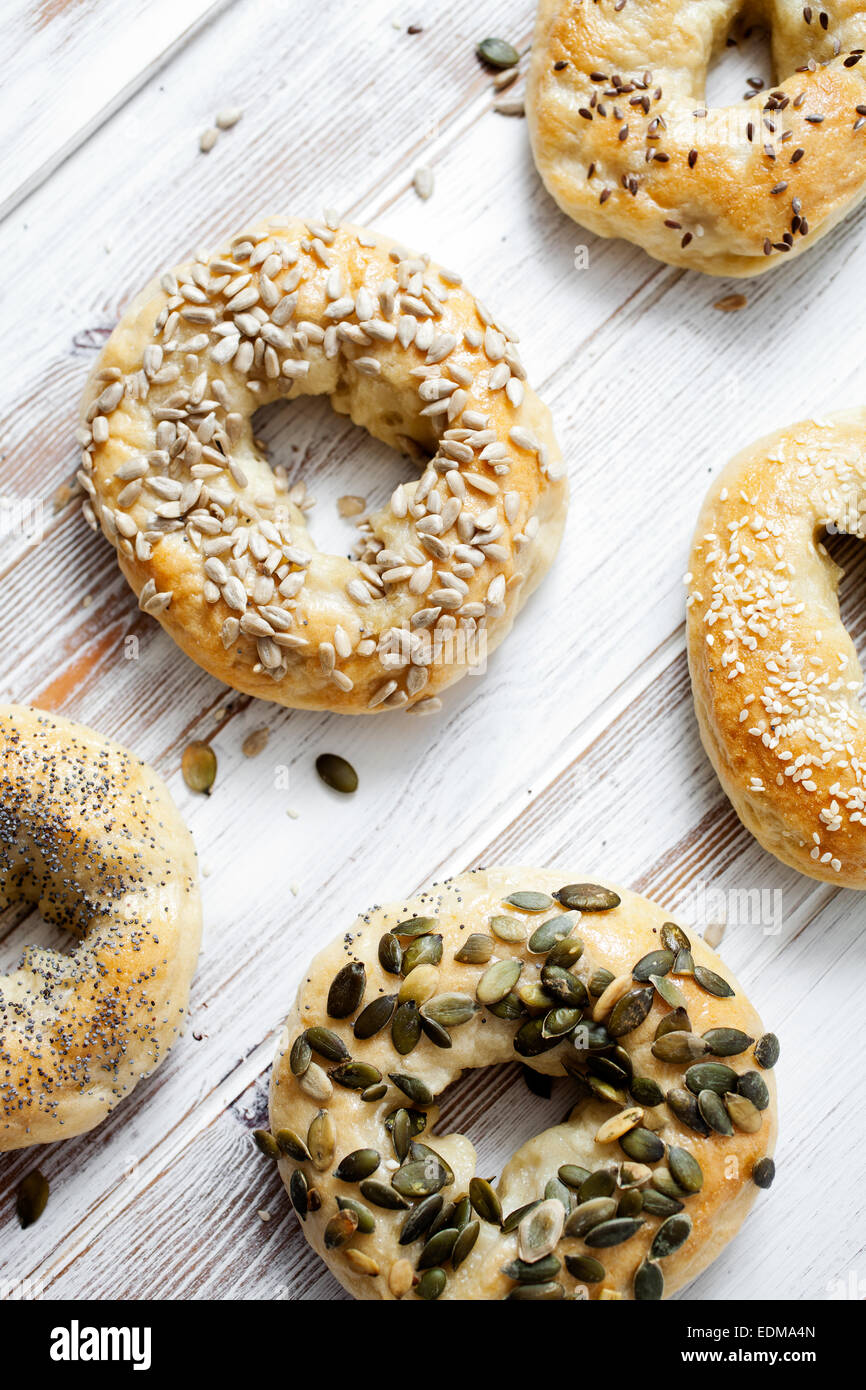 Homemade bagels with sesame, poppy, pumpkin and sunflower seeds Stock
