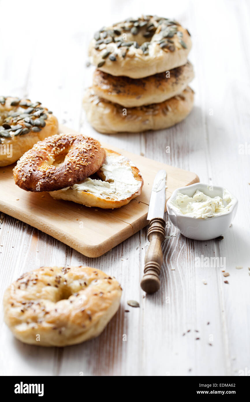 Homemade bagels with sesame, poppy, pumpkin and sunflower seeds Stock Photo