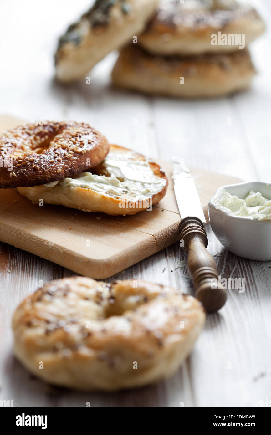 Homemade bagels with sesame, poppy, pumpkin and sunflower seeds Stock Photo