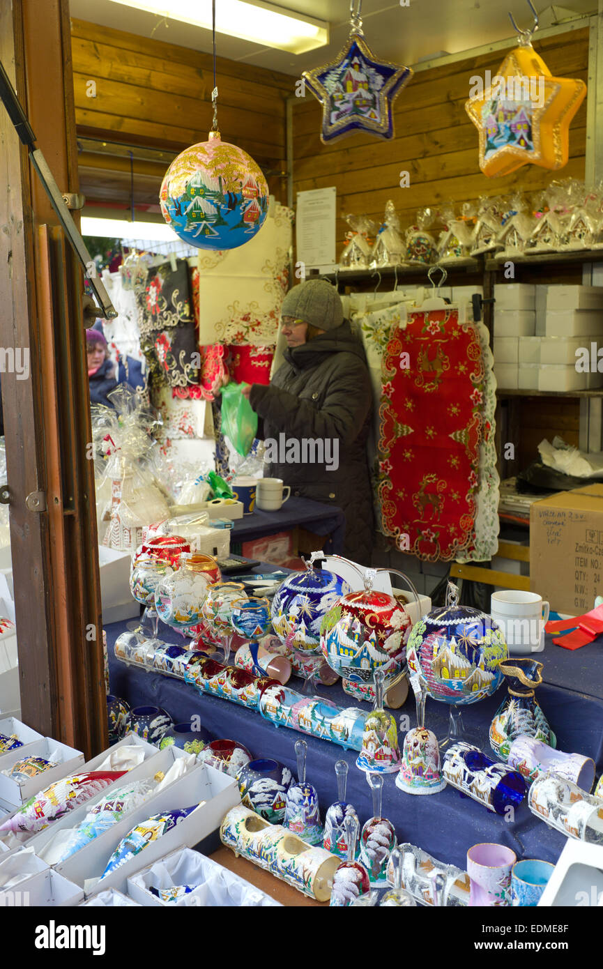 Glass Christmas balls on sale in Prague Christmas market it the old